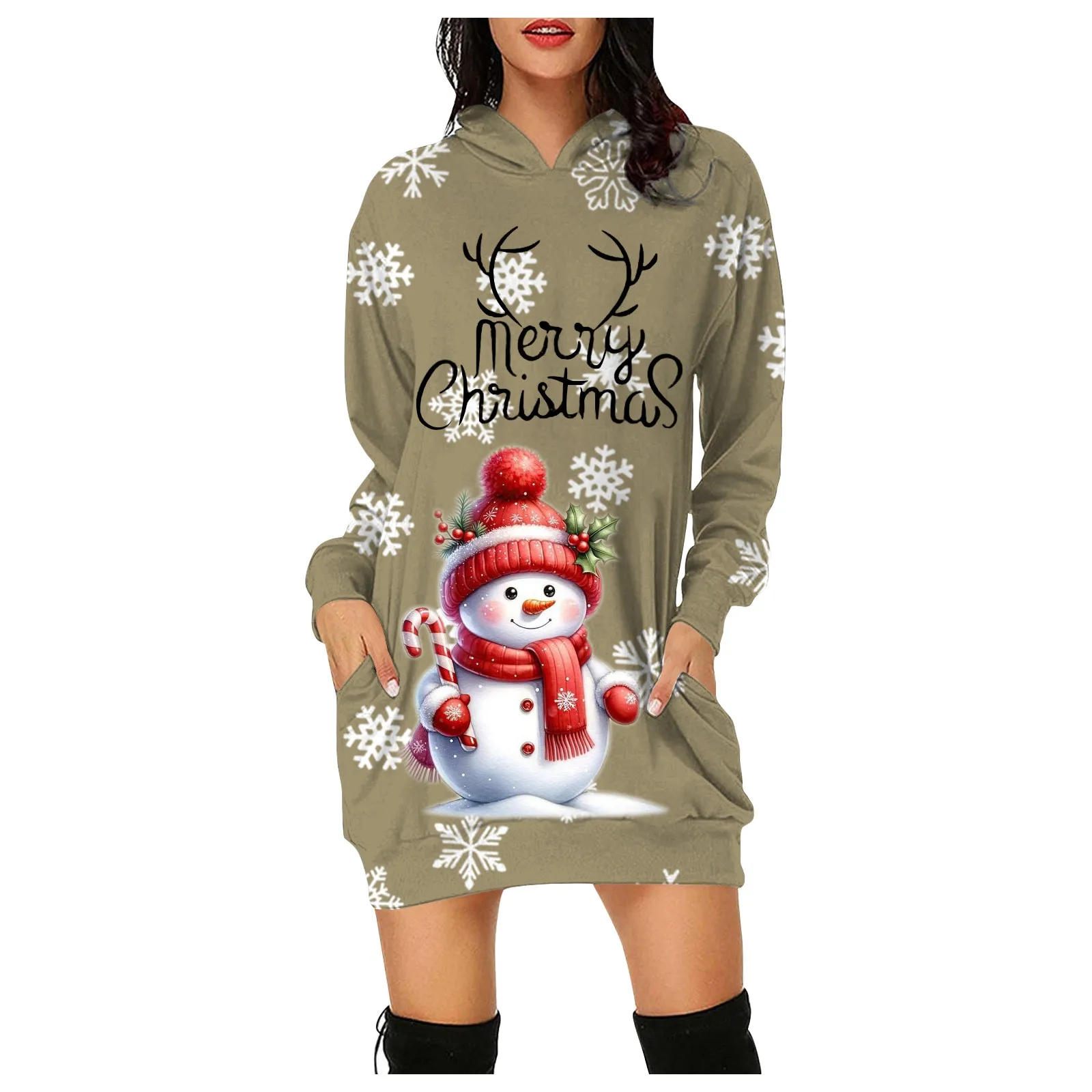 Ladies Casual Festive Snowman Christmas Print Casual Dresses for Women Line Dress Women Fashion Long Sleeved Hooded Warm