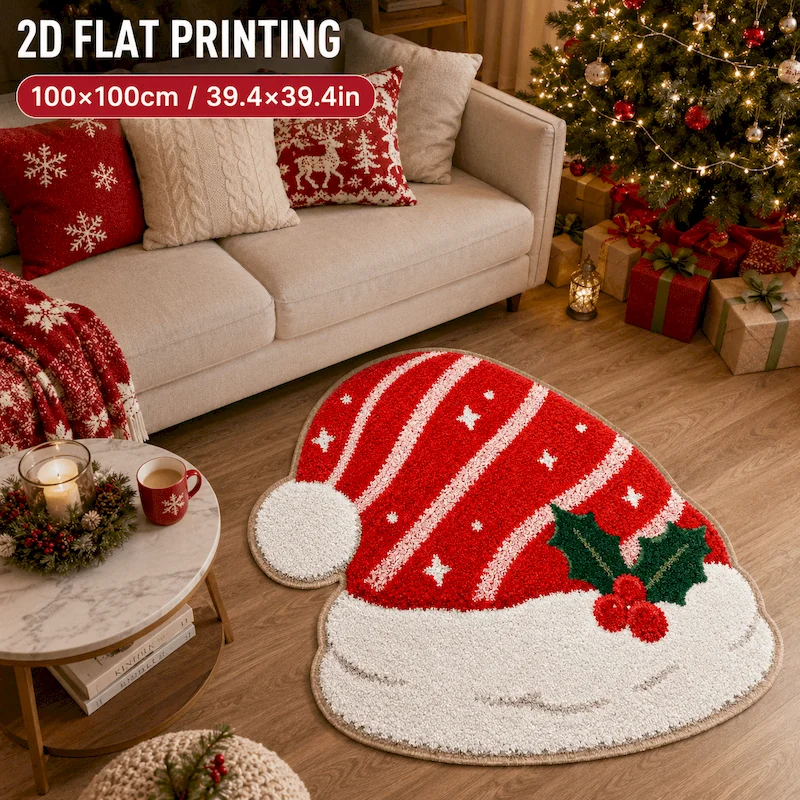 VIKAMA Christmas Hat With Red Stripes, Star Shaped Floor Mat, Irregular Anti Slip Soft Carpet, Circular, Home Decoration