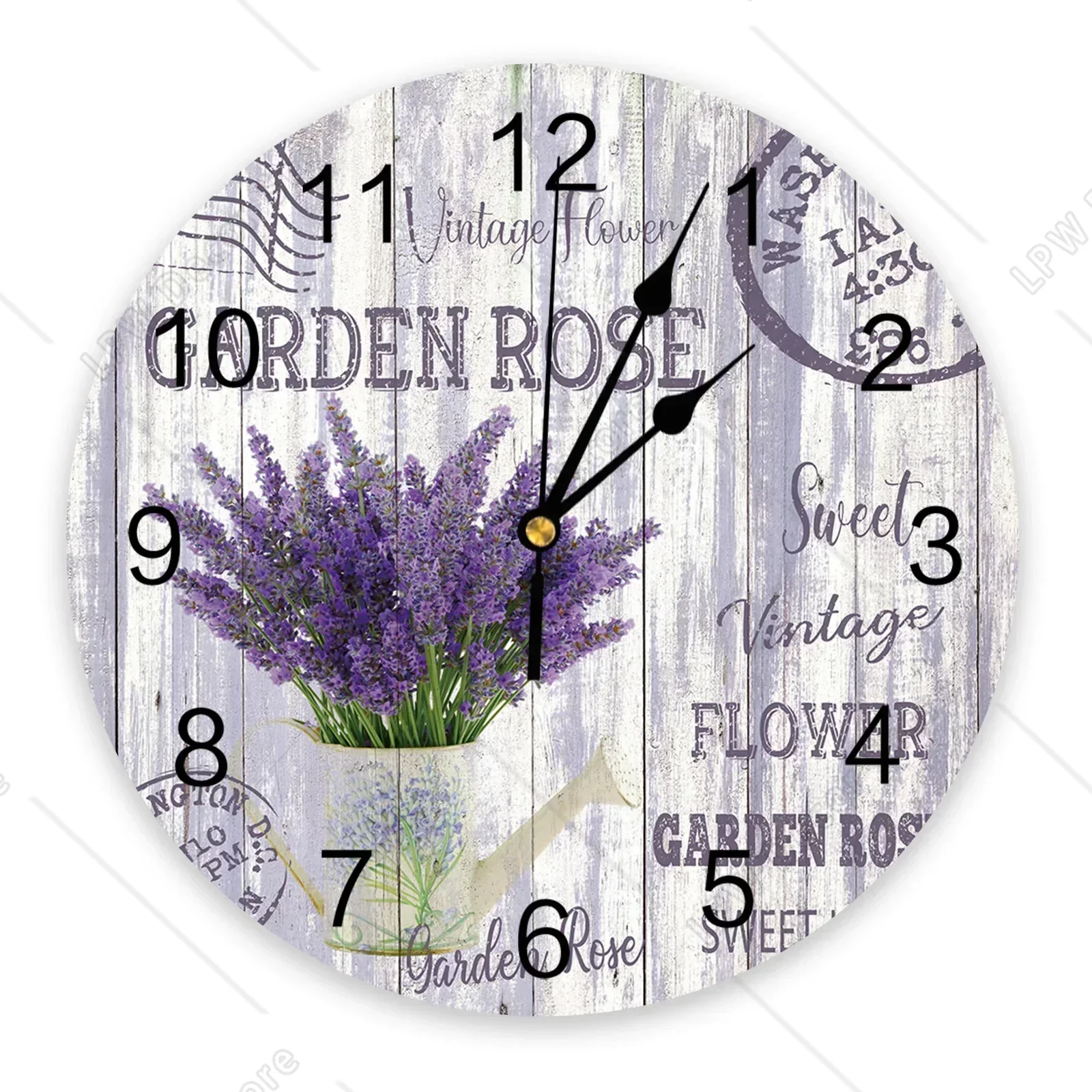 Purple Flowers Lavender Kettle Vintage Postcard Wood Grain Wall Clocks Silent Home Cafe Office Wall Decor Clocks for Kitchen