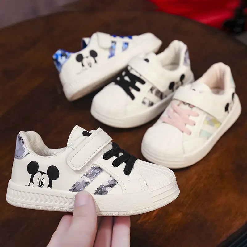 Disney Childres Casual Shoes For Baby Boy Girl Children Sneaker Mickey Mouse Kids Sports White Shoes Toddler Shoes Size 15-25