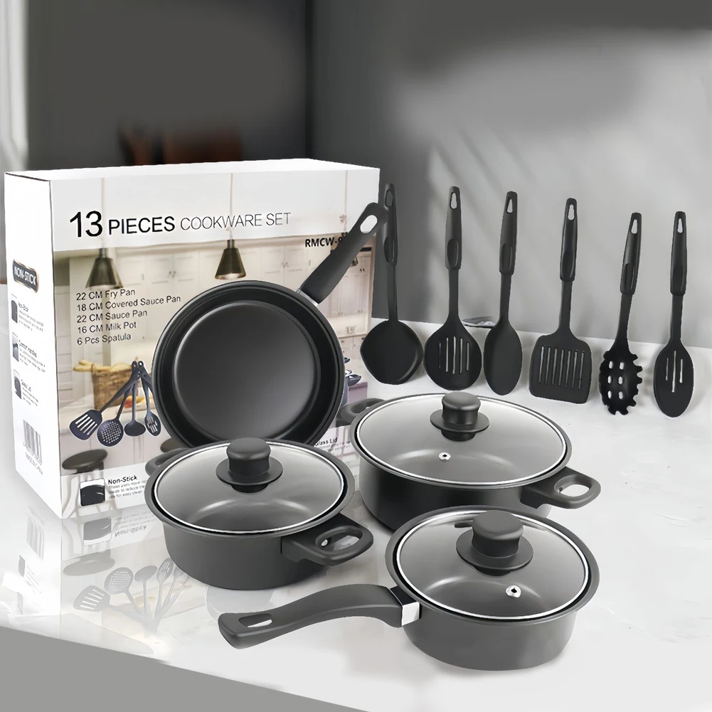 12-teiliges Antihaft-Kochgeschirr-Set, Kochtopf mit Deckel, Milchtopf, Maifan-Stein-Bratpfanne, stapelbares Topf-Set für alle Arten von Herd