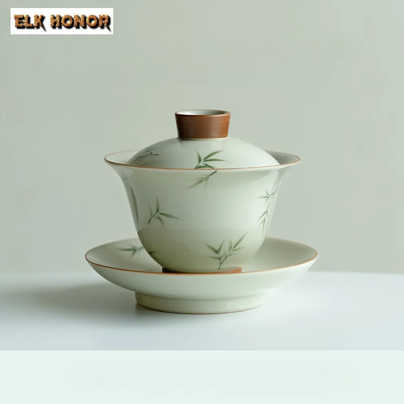 

145ml Hand-painted Bamboo Cover Bowl Household Anti Scald Gaiwan Handmade Tea Tureen Tea Making Tea Cup Tea Items Ornaments