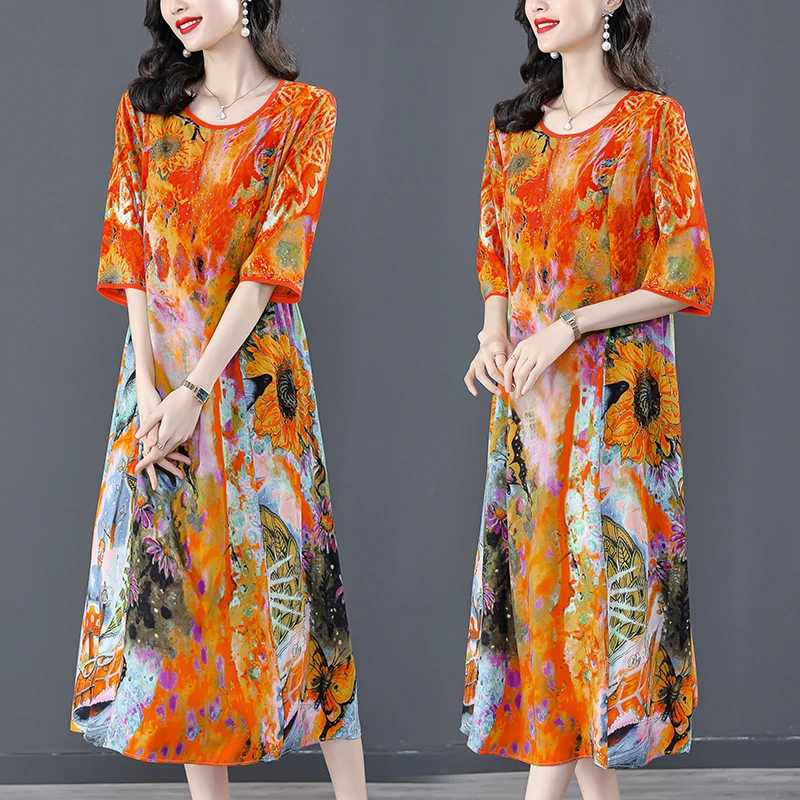 Women Floral Mulberry Silk Midi Dress Spring Summer Elegant Loose Waist Plus Size Dress 2024 Korean Vintage Casual Party Dresses