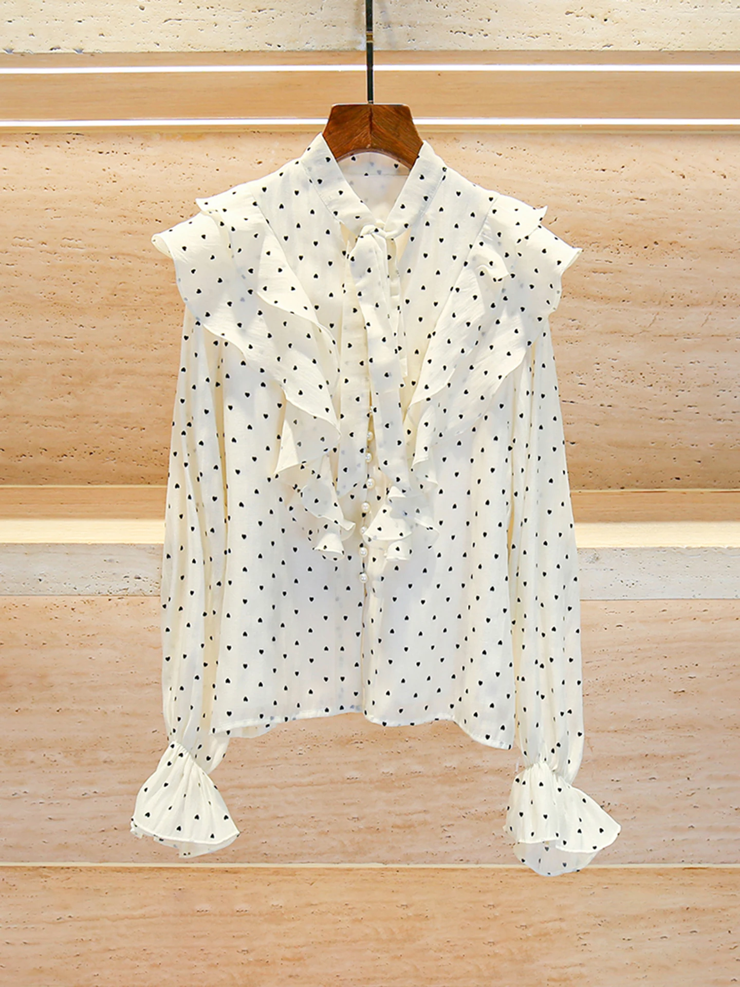 

Sweet Design Polka Dot irt Women's Top with Belt High End Autumn Collection Simple Commute Sle Long Sve Pure Color