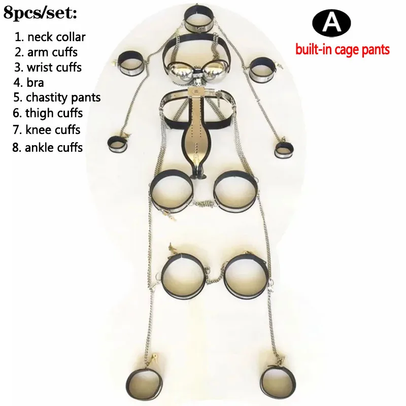 8pcs/Set Stainless Steel Male Chastity Belt Suit Bdsm Bondage Kit Collar Bra Thigh Ring Ankle Cuffs Handcuffs Chastity Device