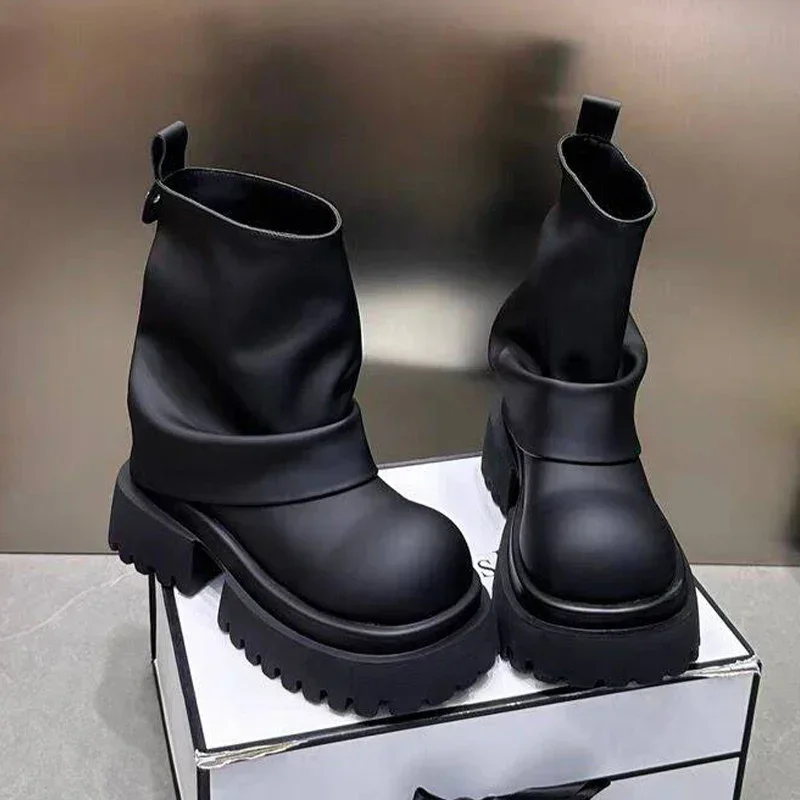 Platform Women Ankle Boots Mid Heels Designer Laether Shoes Fashion Winter Woman 2024 Trend Chelsea Boots Goth Femme Chaussures