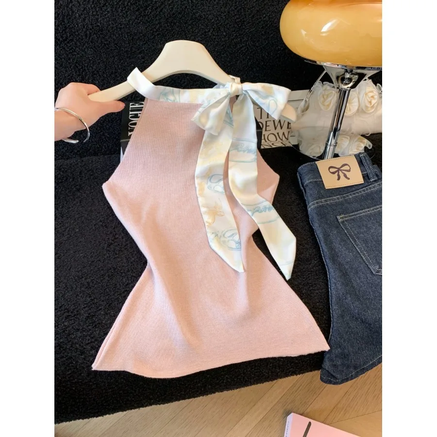 

Elegant Slim Fit Knitted Vest Women's Summer Fashion Design Knot Belt Design Soft Citywalk Long Sleeve Top
