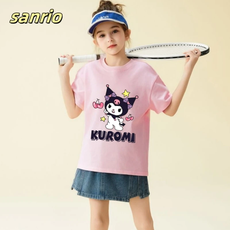 

Sanrion Summer Baby Girls 100% Cotton Clothes Kid Kuromi Printed Short Sleeve T-shirts Children Girls Cartoon Top Outfits