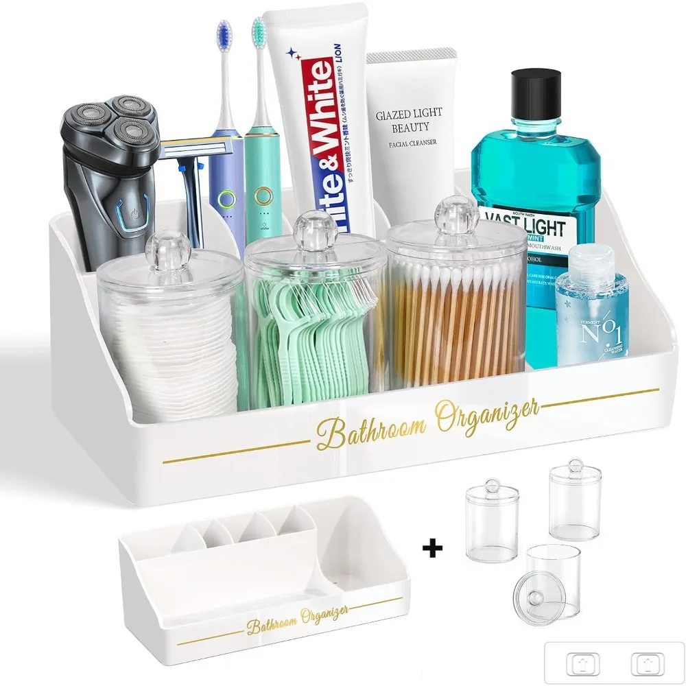 

Bathroom Countertop Organizer, Toothbrush Holders for Bathroom with 3PCS Qtip Holder Dispenser and Toothpaste Holder Drainage