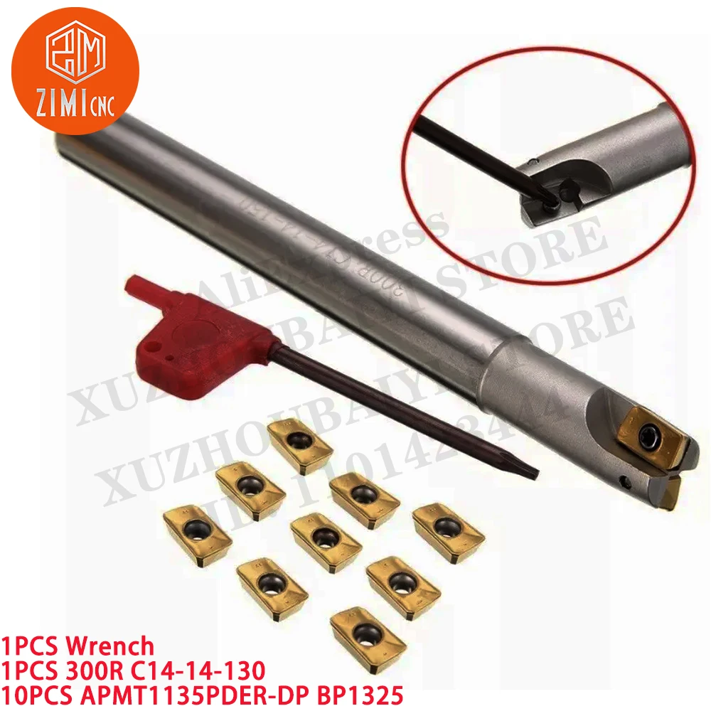 1PCS 300R C14-14 14mm 선반 터닝 툴 홀더 바 + 10pcs APMT1135PDER 카바이드 인서트 CNC 금속 선반 기계 절삭 공구