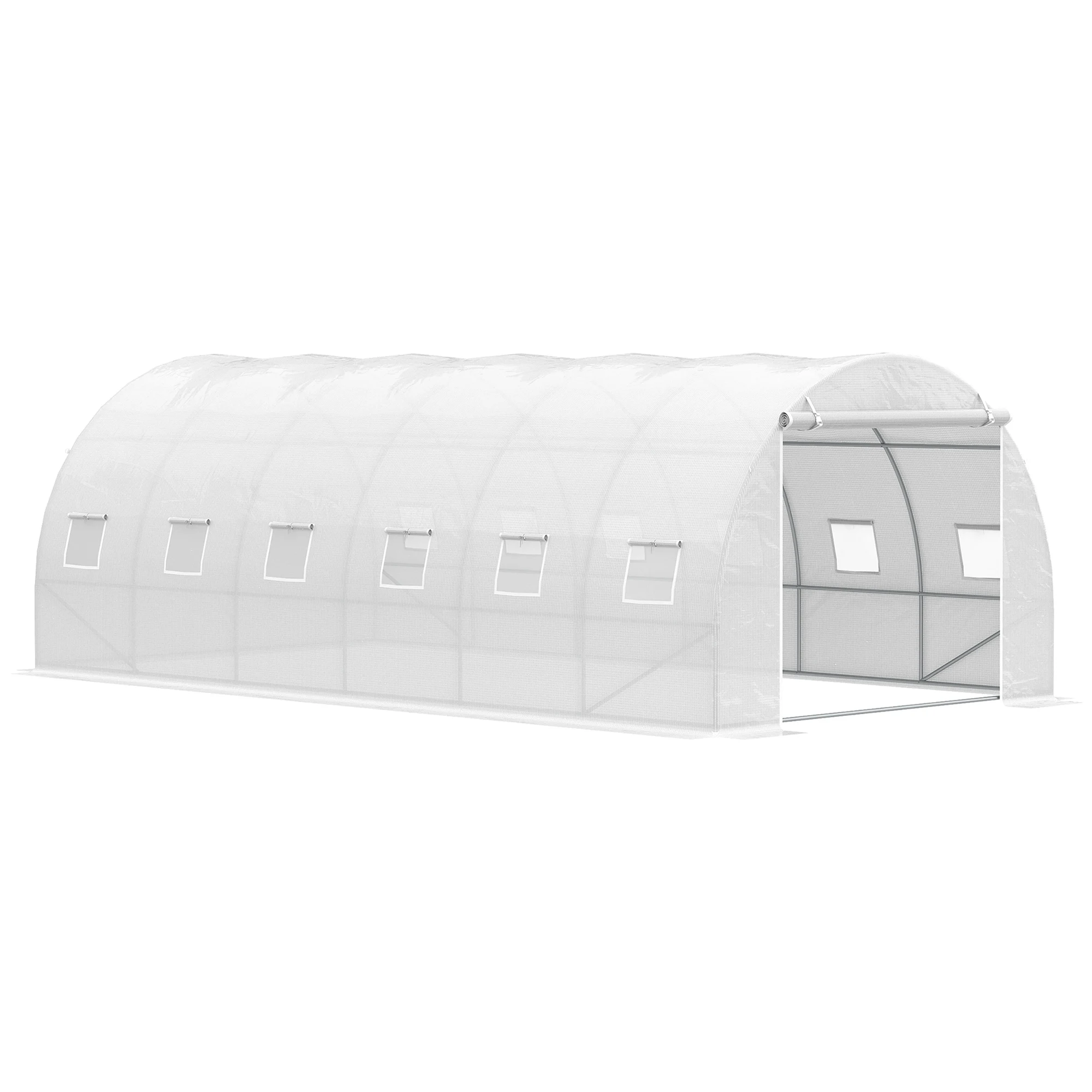 Outsunny Invernadero de Túnel 6x3x2 m con Puerta Enrollable 12 Ventanas Cubierta de PE 140 g/m² y Metal Galvanizado Blanco