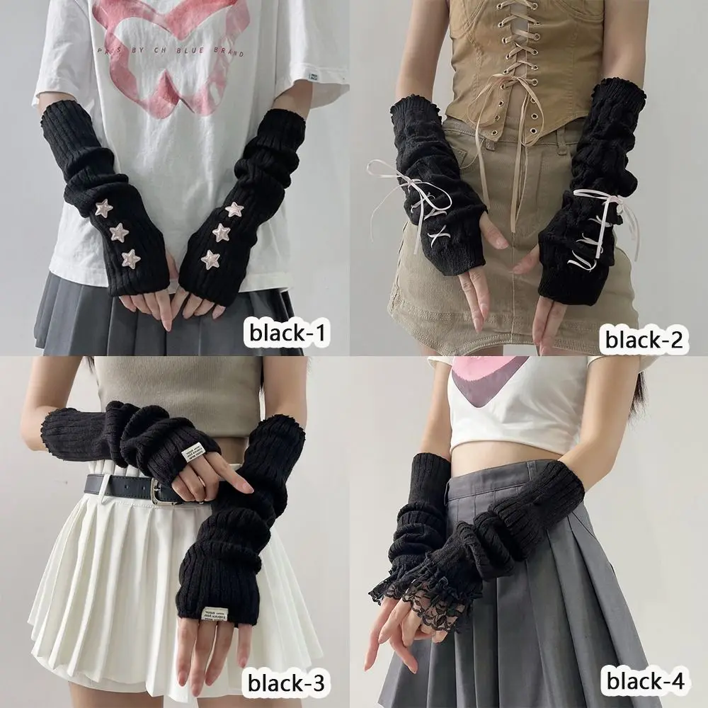 Fingerless Long Wrist Gloves False Sleeves Black White Knitted Gloves Arm Warmers Finger Sleeves Cover Half Finger Gloves