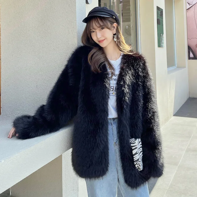 European and American Imitation Fur Solid Color Imitation Tuscany Loose V-neck Mid Length Side Split Fur Coat Winter Coat