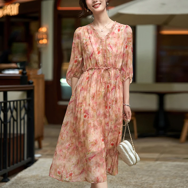 Summer Elegant Dresses for Women 2026 V-neck Lace Patchwork 100% Real Silk Floral Print Holiday Style Woman Long Dress A-line