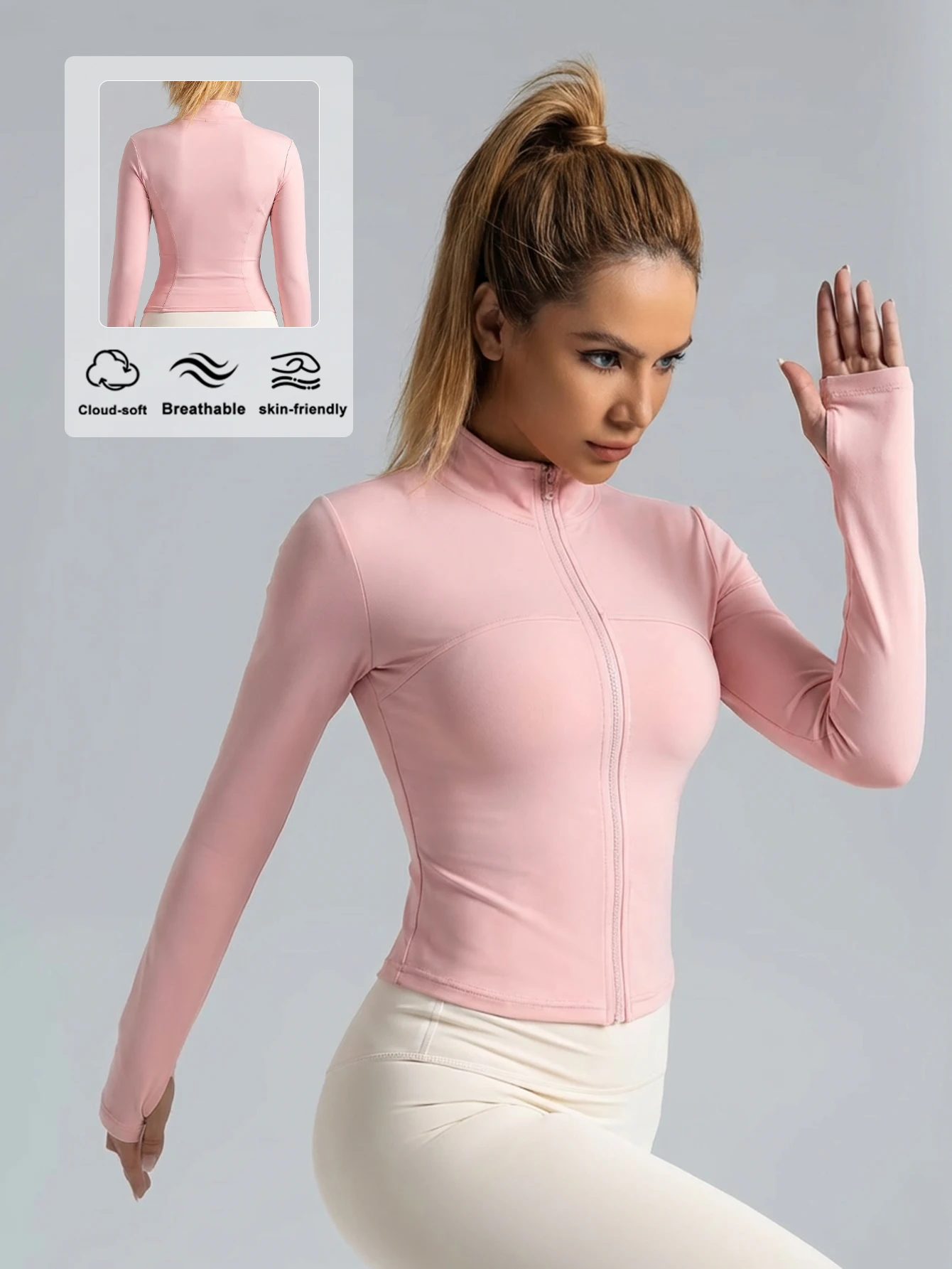 New Women Light Pink Yoga Coat Quick Dry Athletic Jacket with Zip Slim Fit Stand Up Collar Fitness Gym Workouts Outdoor Wear