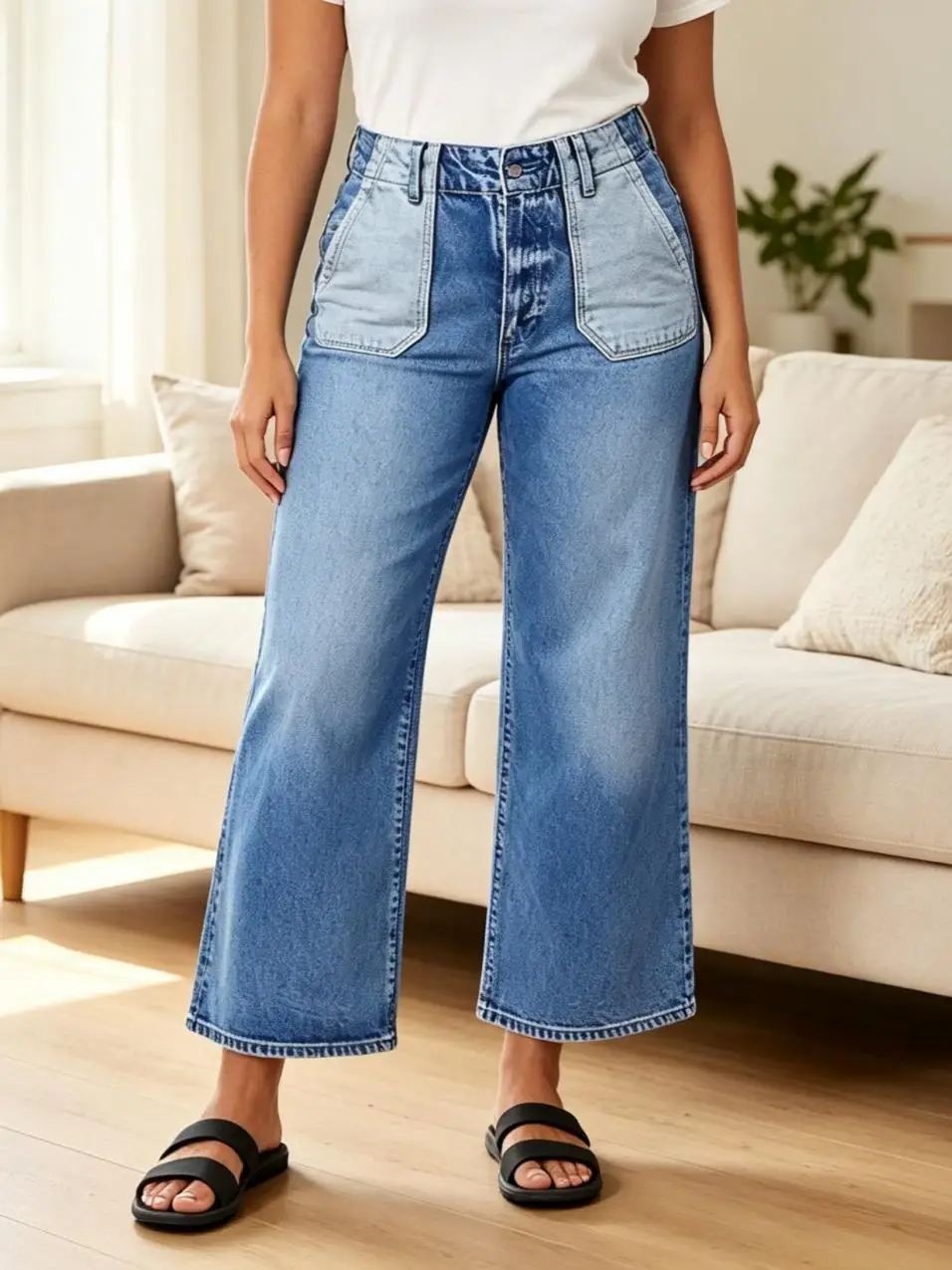 【HME】Jeans | Vintage Utility Denim Pants For Women, Medium Wash High Rise Wide Leg Denim Jeans, Contrast Patch Pocket Detail, Versatile Cropped Pants For Commute And Casual Weekend Wear