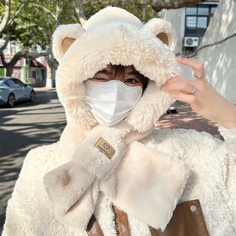 Winter Korean Style Pullover Warm Cotton Fleece Ear Protection One-piece Cap Cute Bear Cap Scarf with mask Three-piece Set