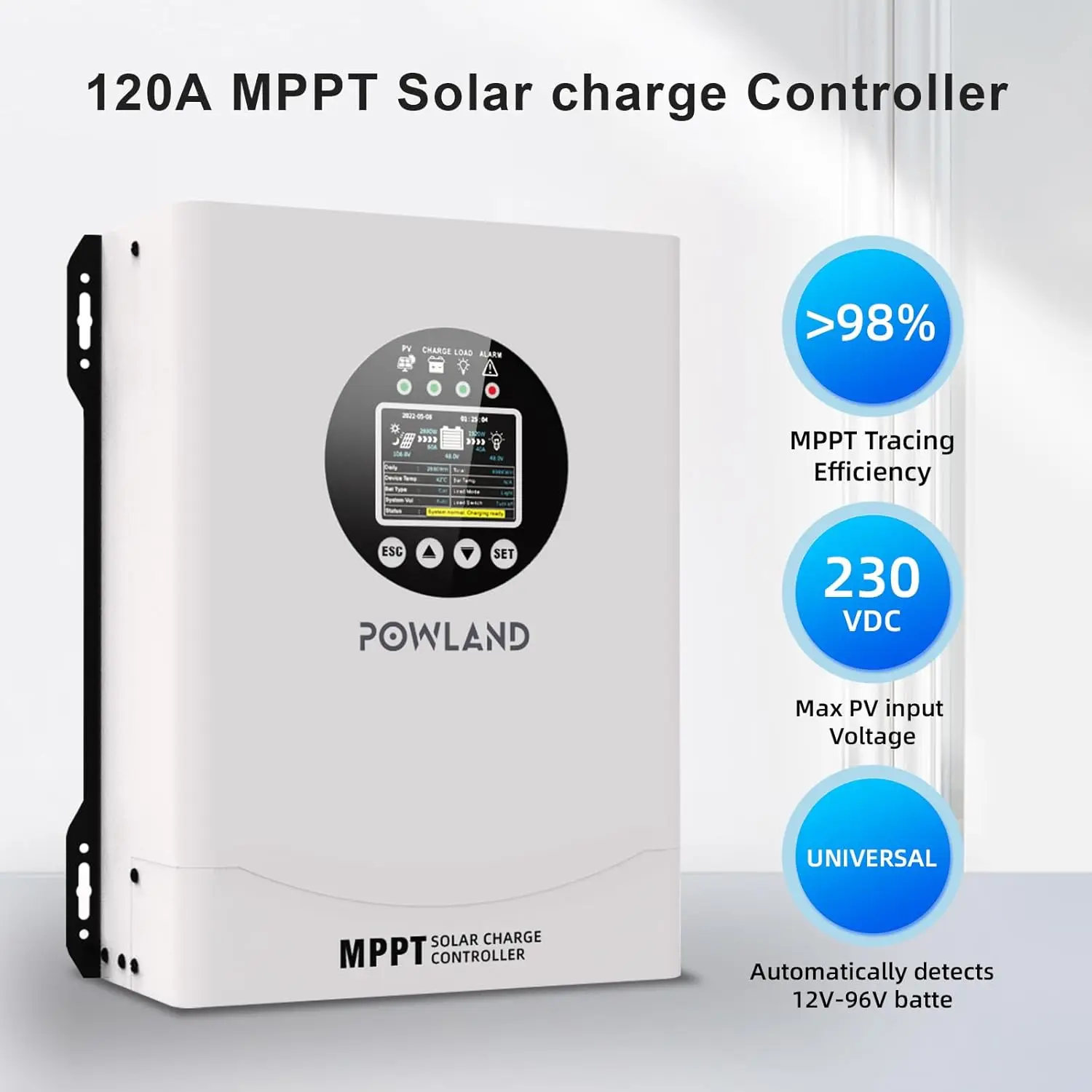 Premium  120A MPPT Solar Charge Controller 12V/24V/48V/96V Auto, Max 230V PV Input, LCD Display, AGM Gel Lithium Compatible