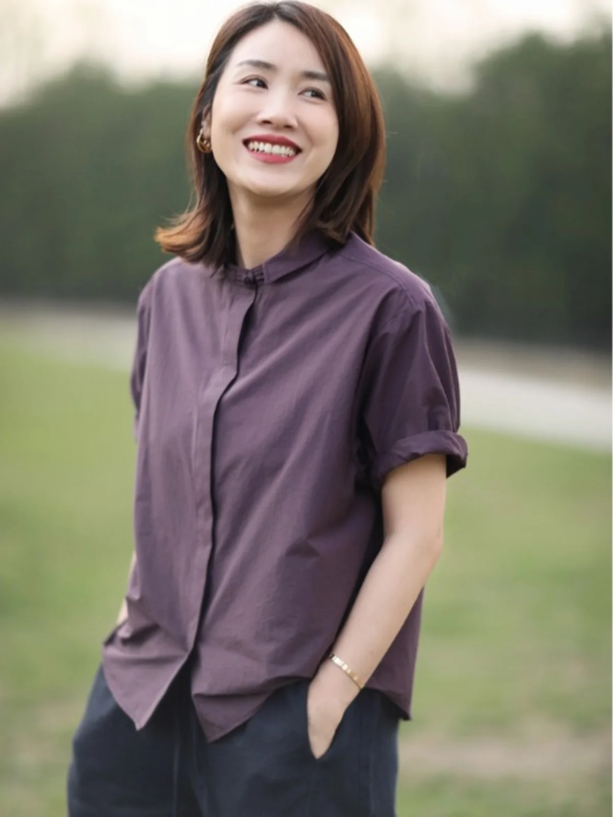 جديد الصينية Sle ort Sve irt المرأة الصيف تخفيف فضفاض عادية زر واحد صغير irt الياقة العلوية لون نقي #2