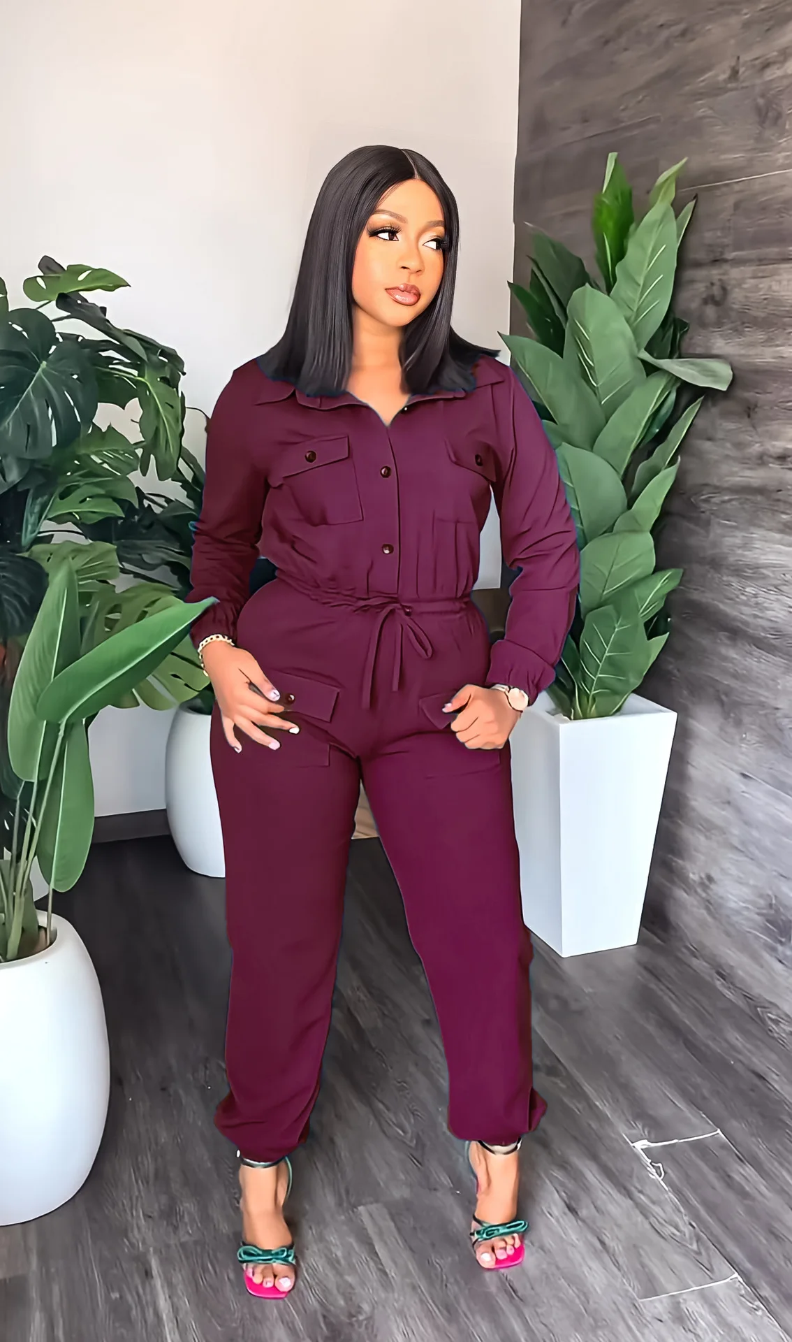 Streetwear Ins One Piece Suit Playsuit Women Pocket Front Single Breasted Turn-Down Neck Long Sleeve Jumpsuit