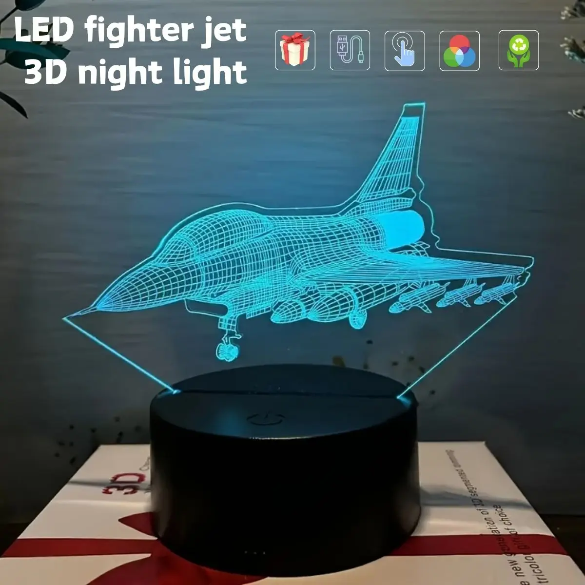 Luz noturna 3D de aeronave de combate, luz de ilusão óptica 3D com toque, luz ambiente que muda de cor de 7 cores para quarto