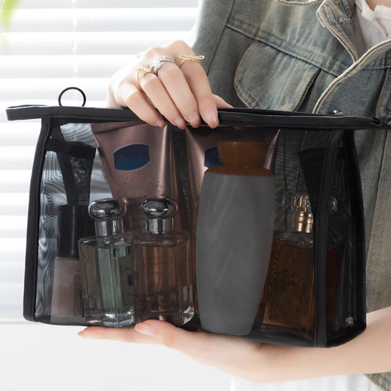 

Дорожная черная сетчатая косметичка на молнии, косметичка для женщин, сумка для мытья туалетных принадлежностей, органайзер для макияжа, портативная сумка для хранения