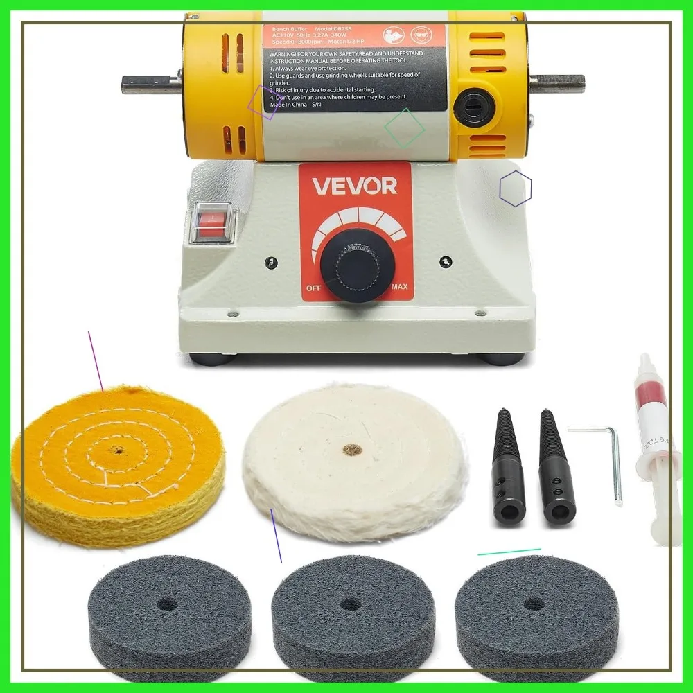 1/2HP Bench Buffer Polisher, 0-8000RPM with Cotton Wheels & Abrasive Wheels for Metal Jewelry Wood