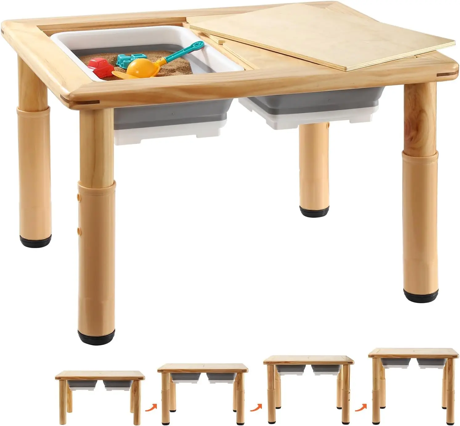 

Adjustable Wooden Sensory Table with 2 Bins for Toddlers, Anti-Warping Lid, Indoor/Outdoor Play