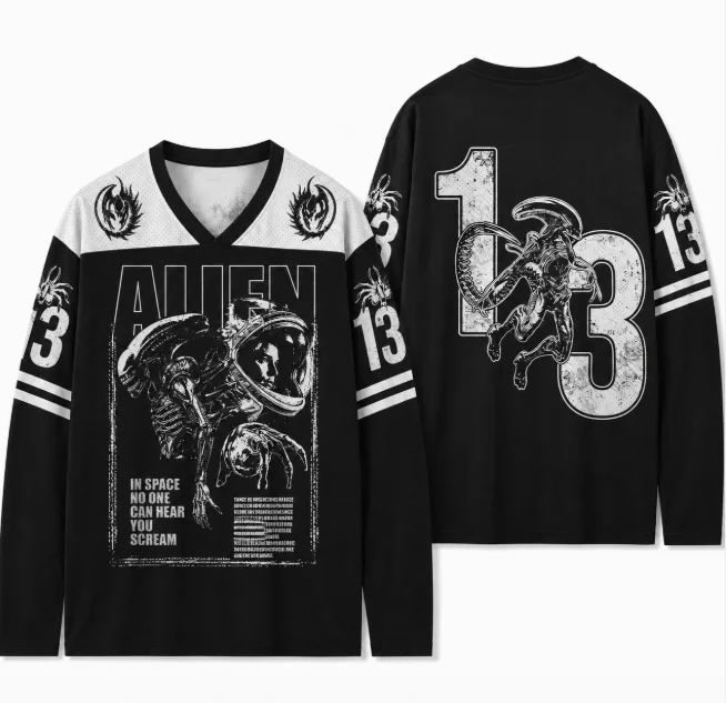 Alien Movie Graphic Hockey Jersey Long Sleeve Shirt, Retro Sci‑Fi Xenomorph Print Unisex Streetwear Top
