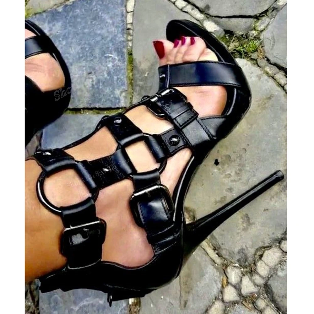 

New Design Black Hollow Sandals Matte Leather Stiletto High Heel Ankle Buckle Rivet Women Shoes 2023 Sexy Zapatos Para Mujere
