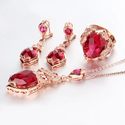 585 purple gold inlaid rubies luxury court style set jewelry exquisite wedding 14k rose gold earings necklaces rings