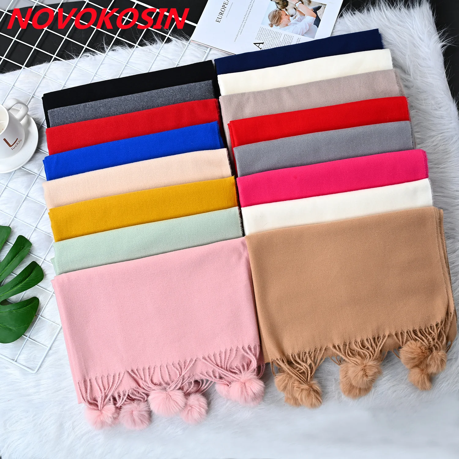 

17 Colors 70*200cm Female Thick Faux Cashmere Tassels Fur Ball Scarf Women Autumn Winter Outstreet Shawl Warm Ring