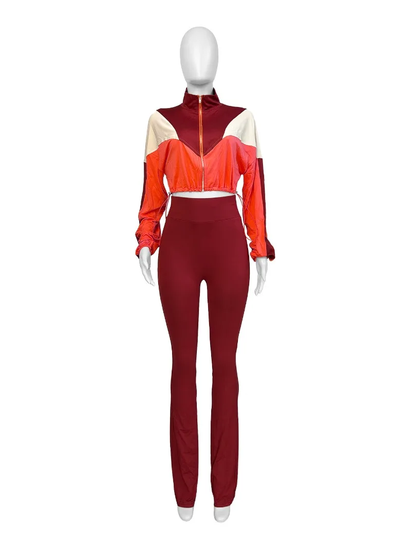 2024 Autumn Women Fashion Casual 2 Piece Set Color Patchwork Long Sleeve Zip-up Jackets Crop Top + High Waist Flare Pants Suit