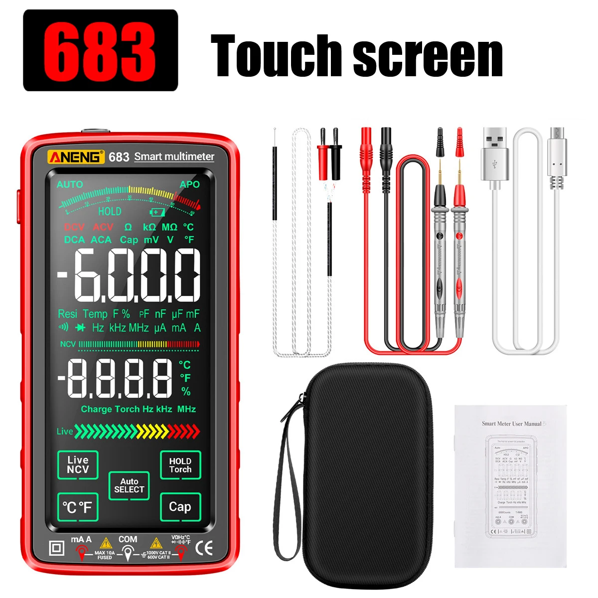 ANENG 683/681 Smart Digital Multimeter Rechargeable Capacitance Meter Hz Ohm Diode Tester 6000 Counts AC/DC Measuring Tools