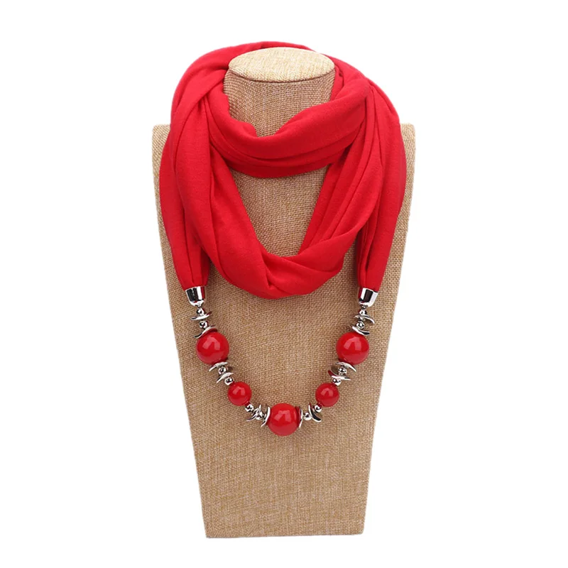 New Fashion Neckerchief Ring Scarf Beads Pendant Solid Color Statement Neck Scarves Women Shawls and Wraps Head Scarf