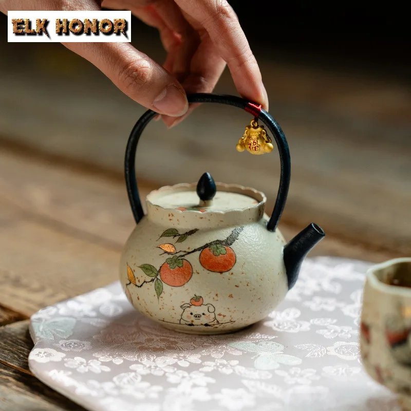 

125ml Hand-painted Pig Persimmon Lifting Handle Teapot Zen Tea Infuser Pot Tea Brewing Kettle With Ball Hole Teaware Decoration
