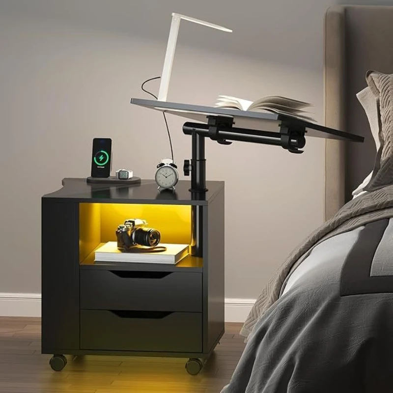 Adjustable Smart Bedside Table: 360° Rotating Design with LED Lighting & Built-in Power Outlet