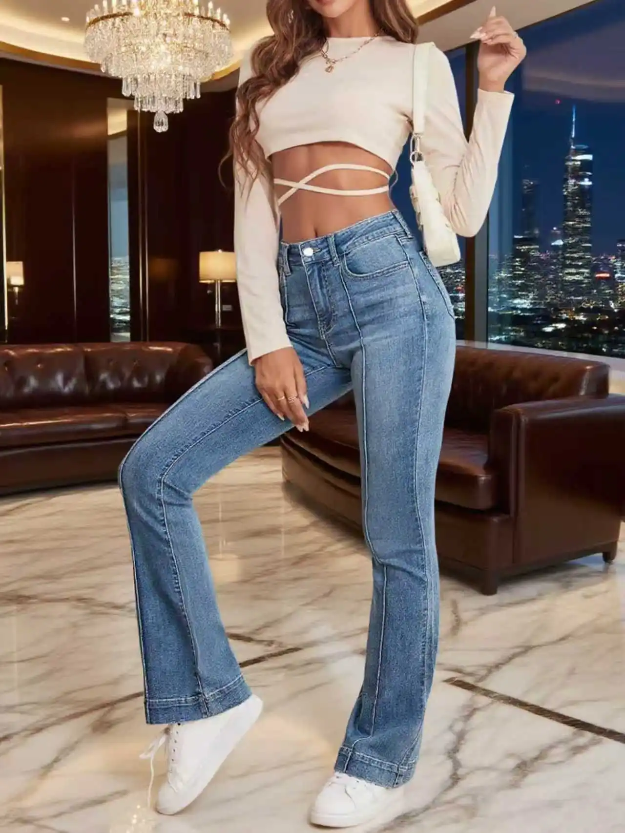 Grijze stretch uitlopende damesjeans Franse naaddetail Eenvoudig ontwerp Veelzijdige afslankende bootcut broek Damesbroek broek Jeans