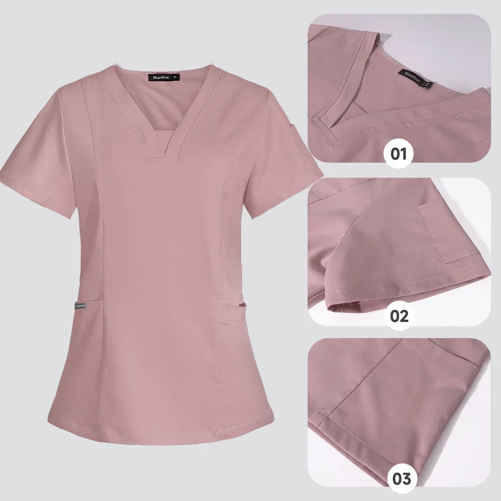 Operating Room Uniforms Women Scrubs Set Spa Clothes Short Sleeve V-neck Workers T-shirt Tops Pants Medical Nurse  Accessories