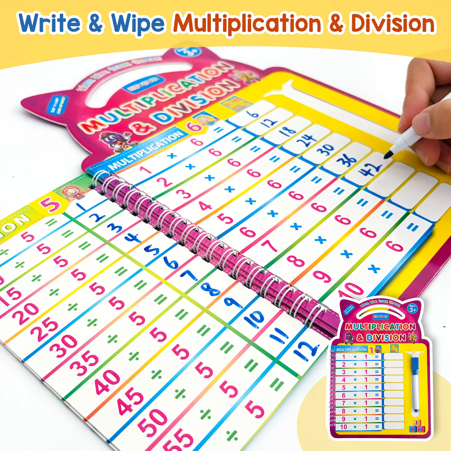 Times Table Math Workbook for Kids Dry Erase Multiplication Division Calculation Educational Practice Books Homeschool Resource