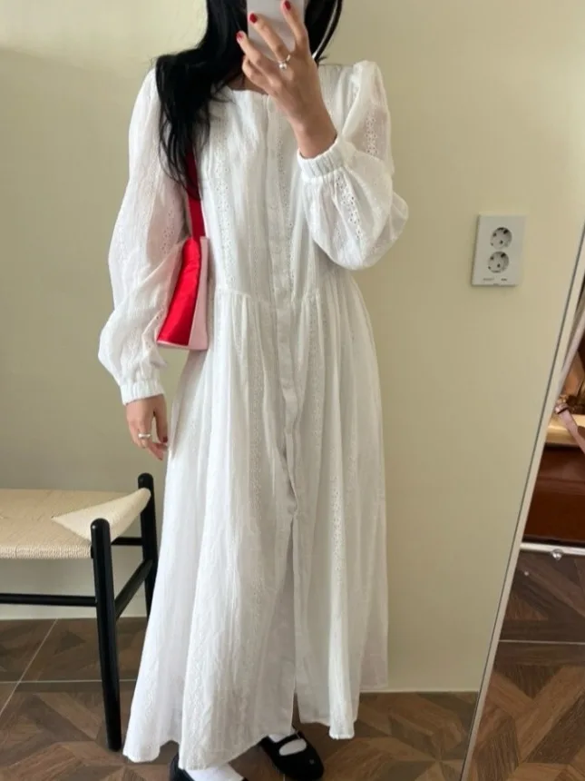 

Шикарный белый длинный све irt Dr round Ne Women's Faion Spring New Sle Nomadic Holiday Wind Ins Sle Fitn Dr