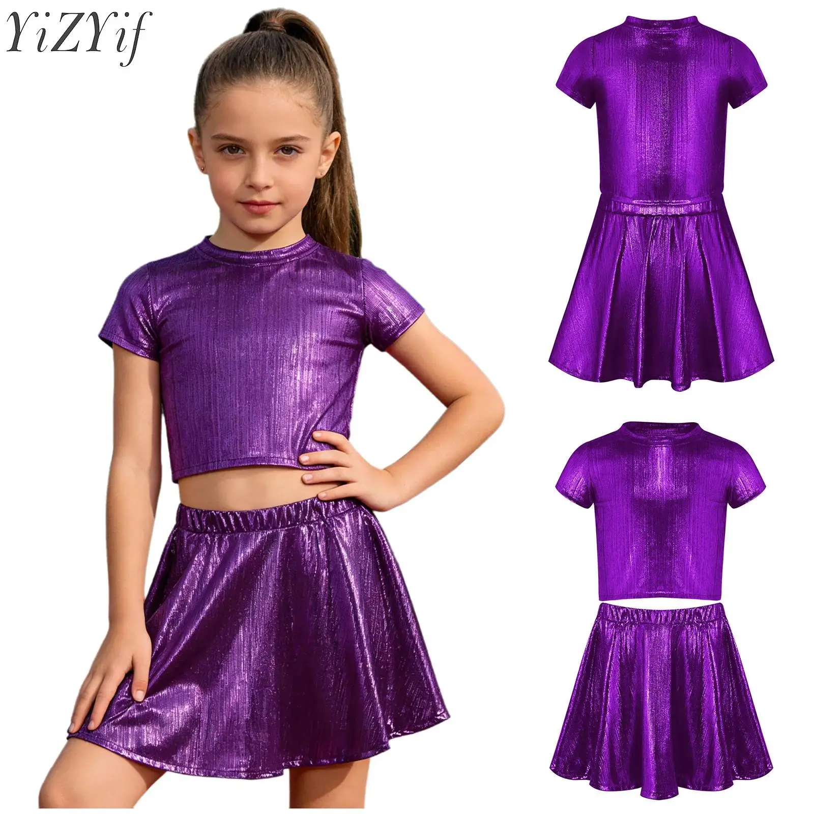 Kids Girls Jazz Dance Hip Hop Sets Metallic Ribbed Dance Outfit Short-sleeve T-shirt with Skirt for Streetwear Dance Showcase