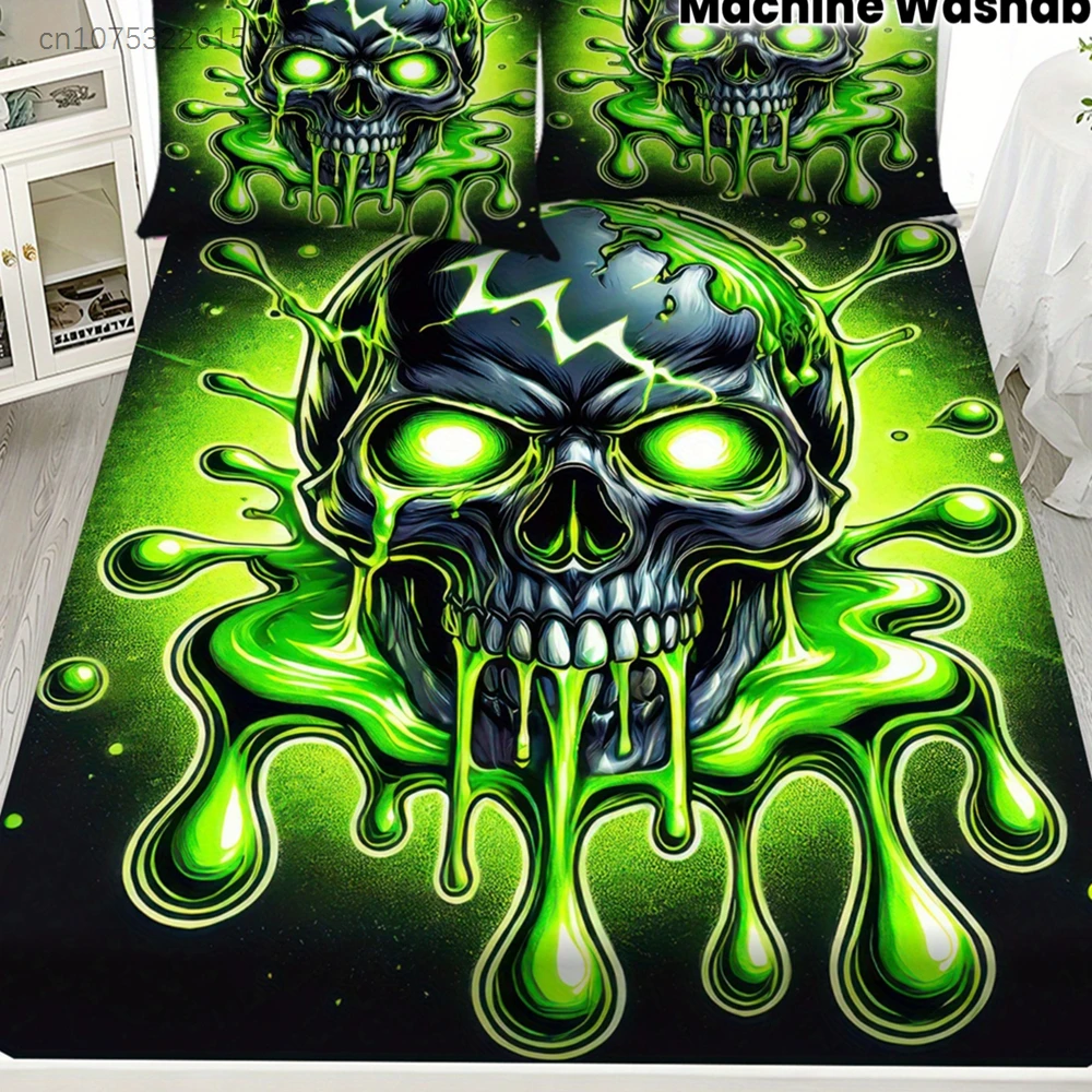 Green Slime Skull Bedding Set 3D Print Duvet Cover Pillowcase Set Soft And Durable Fabric For Teens Bedroom Decor