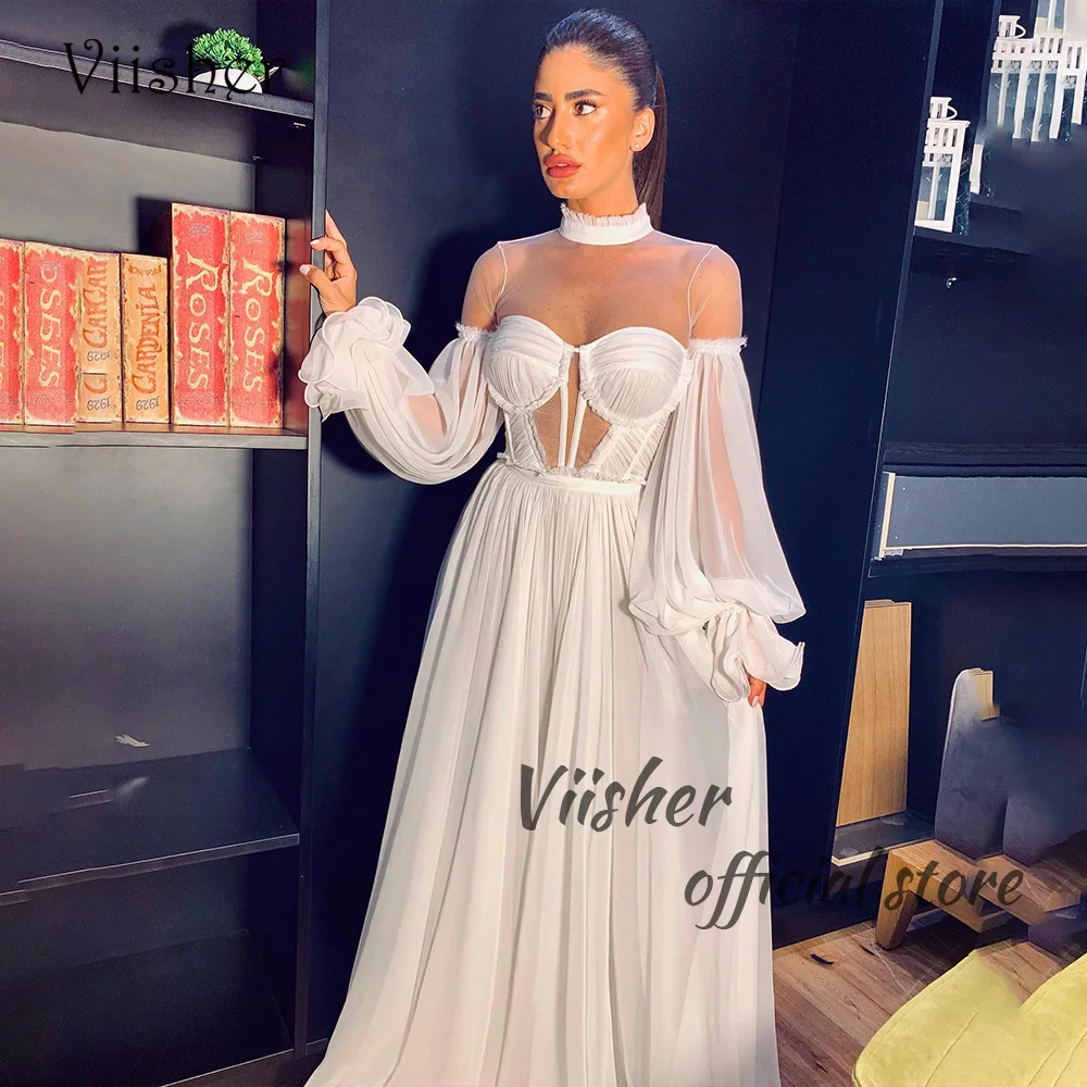 

Viisher White Chiffon Wedding Dresses Illusion High Neck Puff Long Sleeve Wedding Bride Dress Corset Civil Israel Bridal Gowns