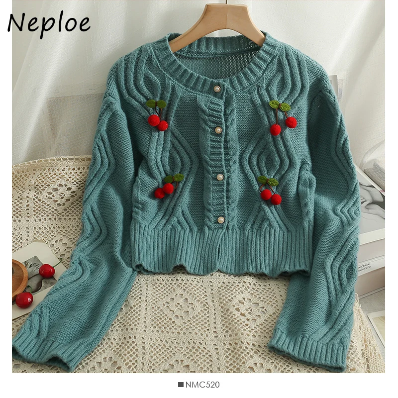 Neploe O Neck Solid Color Long Sleeve Cardigan 2024 Korean Chic All-match Femme Sweater Stereo Cherry Single-breasted Coat Y2K