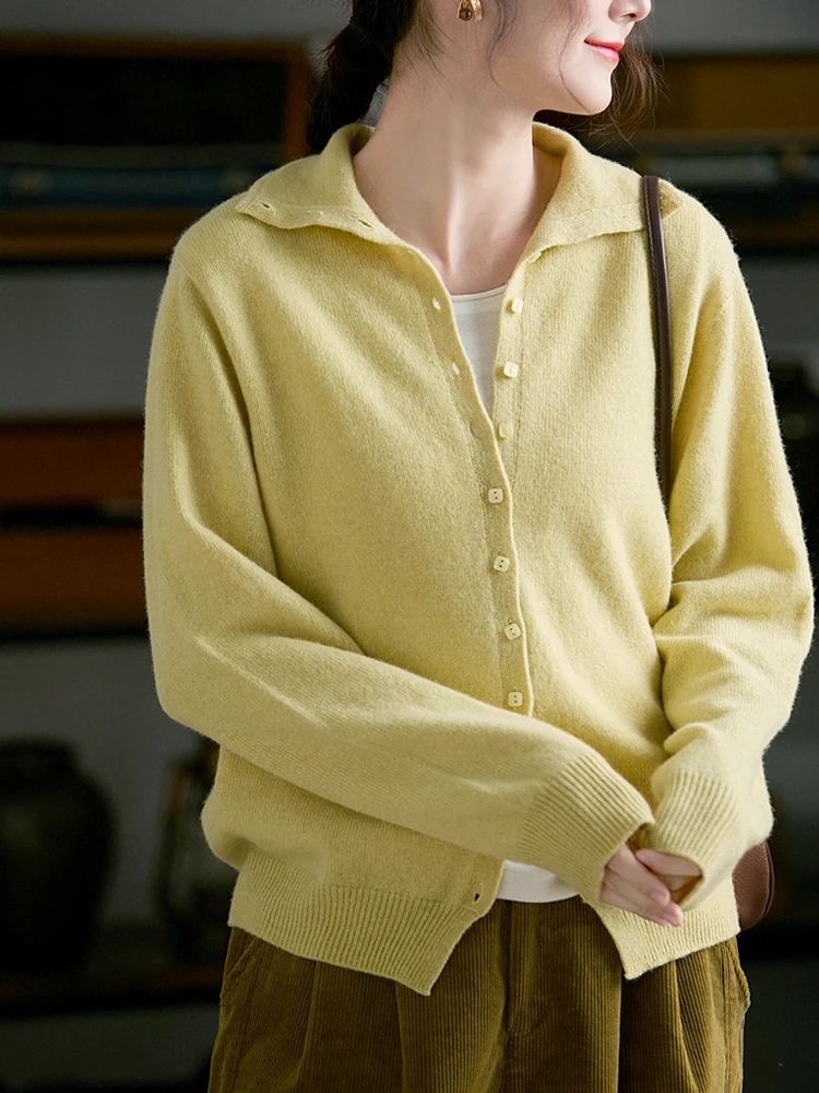 

Gujia 100% шерстяной вязаный кардиган с высоким воротником для женщин, художественный, открытый, мягкий, теплый, с длинными рукавами, осень-зима