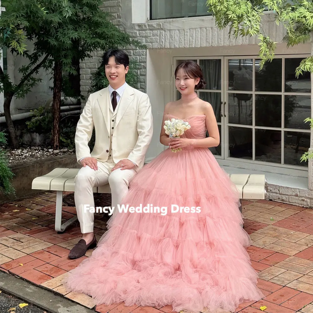 Fancy Sweet Pink Tiered Ruffles Wedding Dress Korea Photo Shoot A Line Soft Tulle Bridal Gown 웨딩드레스 Back Corset customized