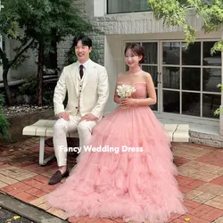 Fancy Sweet Pink Tiered Ruffles Wedding Dress Korea Photo Shoot A Line Soft Tulle Bridal Gown 웨딩드레스 Back Corset customized