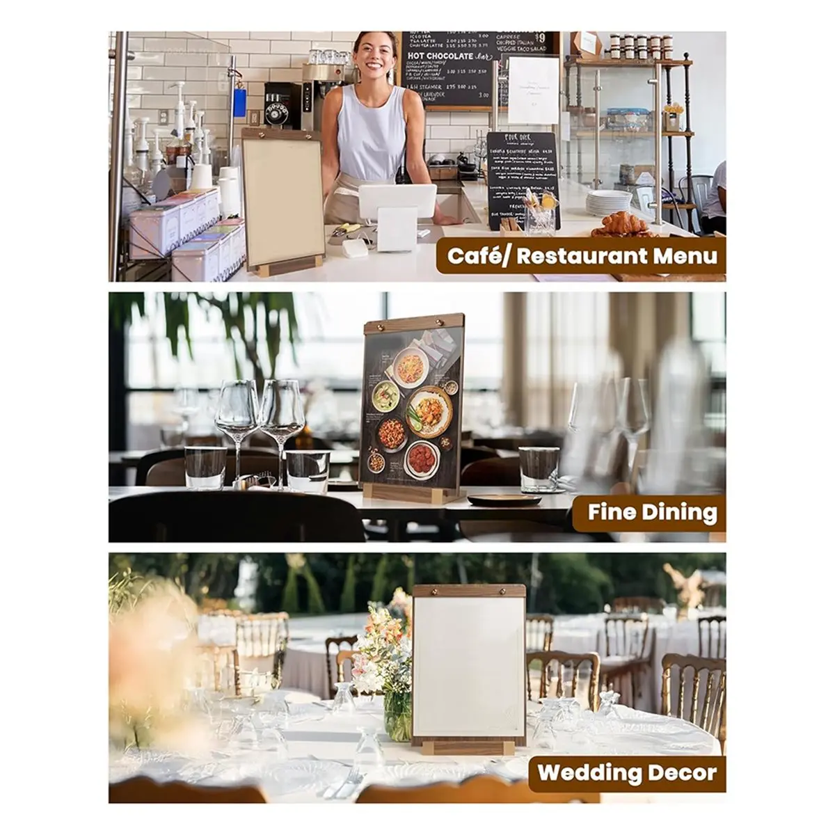 3Pack Acrylic Sign Holders 8.5 X 11inch with Walnut Wood Base, Tabletop Clear Commercial Display Stand for Menu, Poster