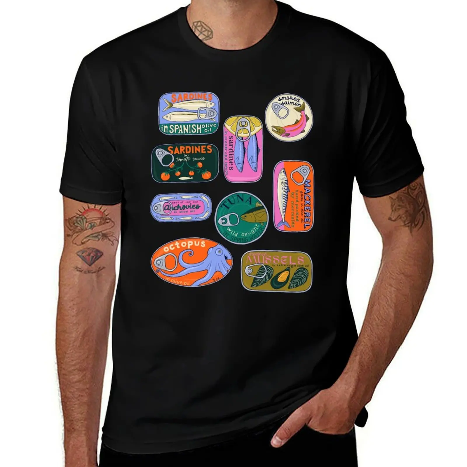 Tinned Fish Pattern T-Shirt Non-Shrink Basic Cotton T-Shirt